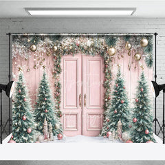 Aperturee - Aperturee Whimsical Pink Christmas Door Combo Set Backdrop Snowy Scene with Pink Trees Holiday Photo with Cloud Floor