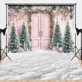 Aperturee - Aperturee Whimsical Pink Christmas Door Combo Set Backdrop Snowy Scene with Pink Trees Holiday Photo with Cloud Floor