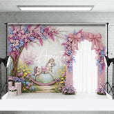 Aperturee - Aperturee Whimsical Pink Floral Arch Rocking Horse Photography Backdrop Pastel Garden Baby Shower Birthday Party Decor