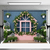 Aperturee Aperturee Whimsical Pink Playhouse Window Backdrop House Shaped Frame with Roses Kids Spring Garden Photography Prop