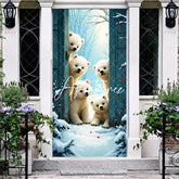 Aperturee - Aperturee Whimsical Polar Bear Cubs Peeking Snowy Winter Forest Door Cover Blue Wooden Door Holiday Party Decor