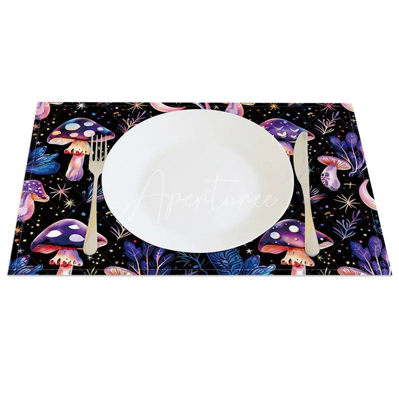 Aperturee - Aperturee Whimsical Purple and Pink Mushroom and Star Set of 4 Placemats for Magical and Fantasy Themed Decor