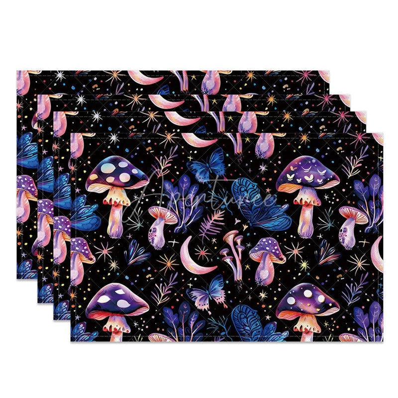 Aperturee - Aperturee Whimsical Purple and Pink Mushroom and Star Set of 4 Placemats for Magical and Fantasy Themed Decor