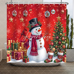 Aperturee - Aperturee Whimsical Red Christmas Snowman and Cardinal Bird Shower Curtain Winter Holiday Decor with Gifts and Decorated Tree