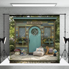 Aperturee - Aperturee Whimsical Rustic Wooden Playhouse Photography Backdrop with Arched Teal Door and Sun Carving Fairy Tale Garden Scene