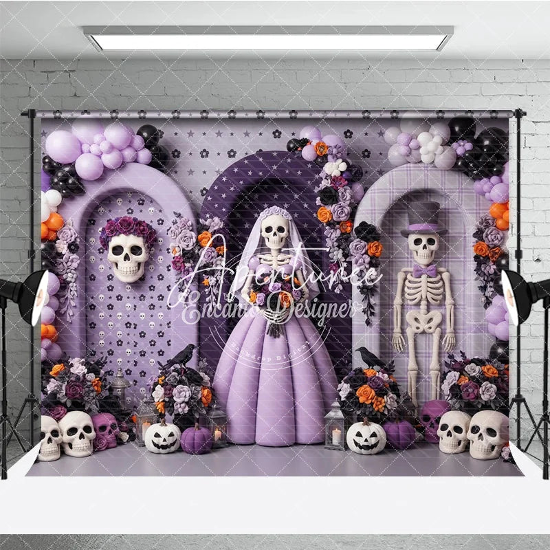 Aperturee - Aperturee Whimsical Skeleton Bride and Groom Photography Backdrop Purple Orange Black Balloons and Floral Decor