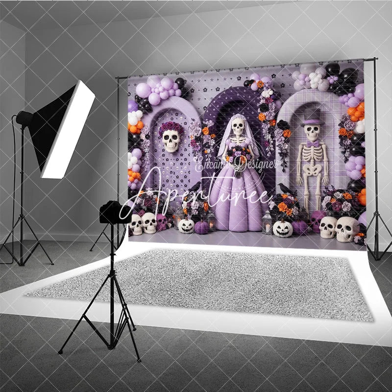 Aperturee - Aperturee Whimsical Skeleton Bride and Groom Photography Backdrop Purple Orange Black Balloons and Floral Decor