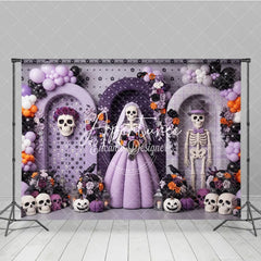 Aperturee - Aperturee Whimsical Skeleton Bride and Groom Photography Backdrop Purple Orange Black Balloons and Floral Decor