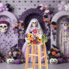 Aperturee - Aperturee Whimsical Skeleton Bride and Groom Photography Backdrop Purple Orange Black Balloons and Floral Decor