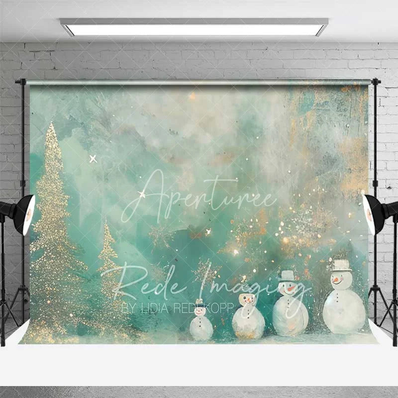 Aperturee - Aperturee Whimsical Snowman Backdrop Artistic Gold Glitter Christmas Trees Abstract Winter Painting Background
