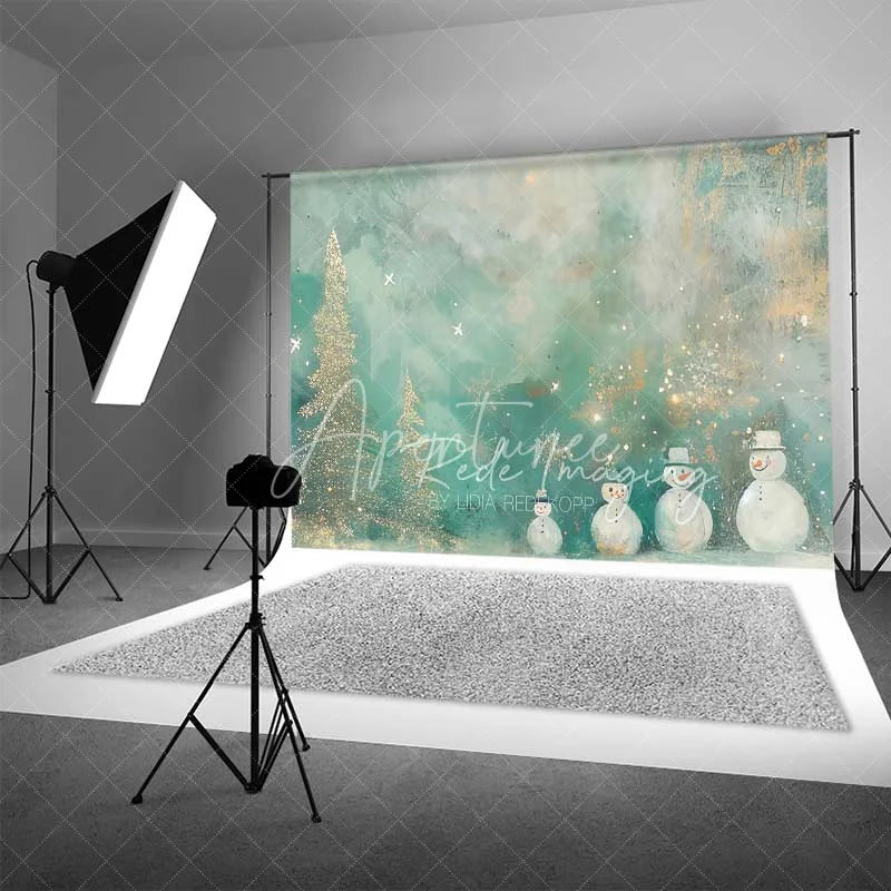 Aperturee - Aperturee Whimsical Snowman Backdrop Artistic Gold Glitter Christmas Trees Abstract Winter Painting Background
