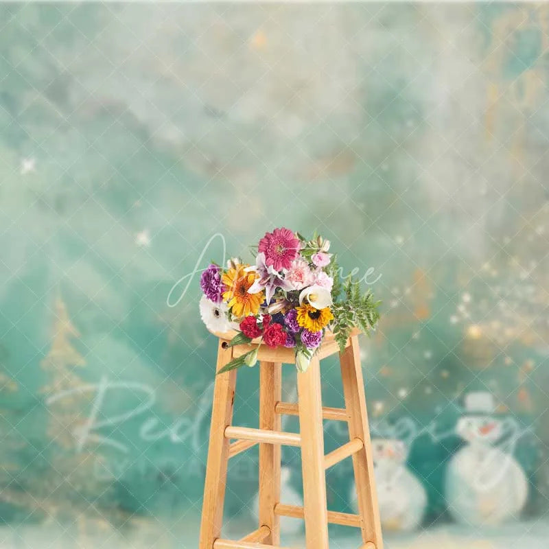 Aperturee - Aperturee Whimsical Snowman Backdrop Artistic Gold Glitter Christmas Trees Abstract Winter Painting Background