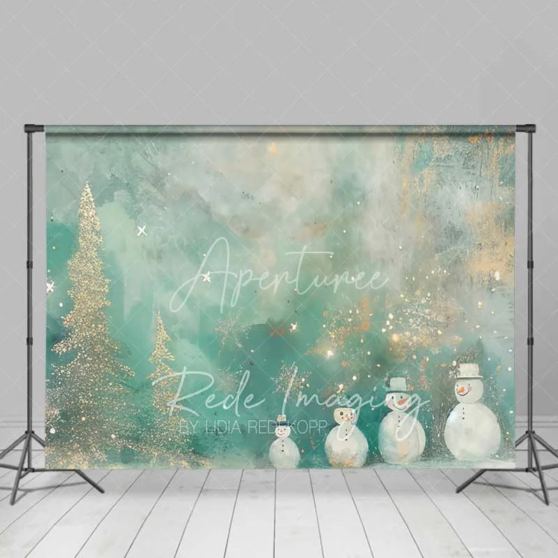 Aperturee - Aperturee Whimsical Snowman Backdrop Artistic Gold Glitter Christmas Trees Abstract Winter Painting Background