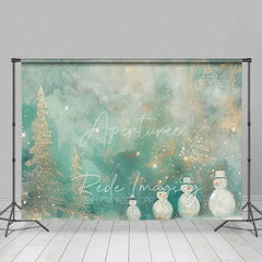 Aperturee - Aperturee Whimsical Snowman Backdrop Artistic Gold Glitter Christmas Trees Abstract Winter Painting Background