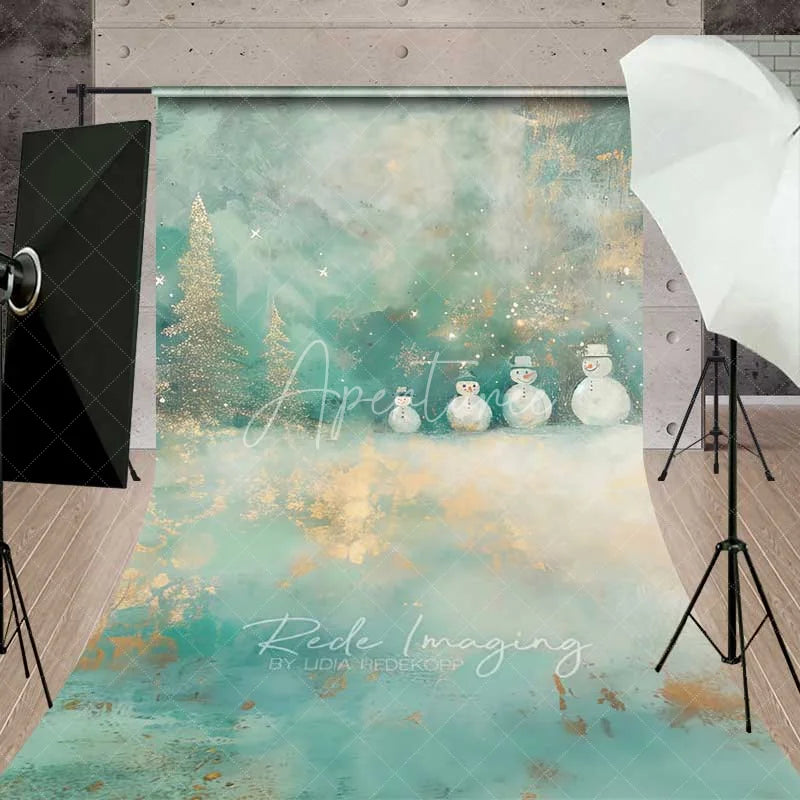 Aperturee - Aperturee Whimsical Snowman Sweep Backdrop Artistic Teal Gold Glitter Trees Painted Winter Floor Photo Background