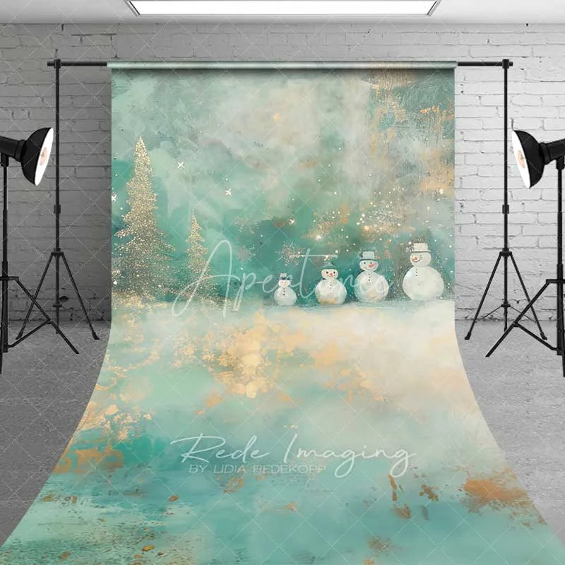 Aperturee - Aperturee Whimsical Snowman Sweep Backdrop Artistic Teal Gold Glitter Trees Painted Winter Floor Photo Background
