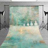 Aperturee - Aperturee Whimsical Snowman Sweep Backdrop Artistic Teal Gold Glitter Trees Painted Winter Floor Photo Background