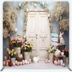 Aperturee - Aperturee Whimsical Spring Easter Square Double-Sided Backdrop featuring White Doors Cute Bunnies and Pastel Eggs