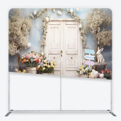Aperturee - Aperturee Whimsical Spring Easter Square Double-Sided Backdrop featuring White Doors Cute Bunnies and Pastel Eggs