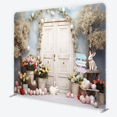 Aperturee - Aperturee Whimsical Spring Easter Square Double-Sided Backdrop featuring White Doors Cute Bunnies and Pastel Eggs
