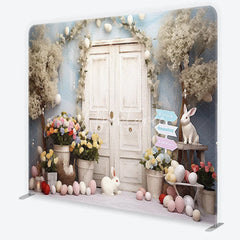 Aperturee - Aperturee Whimsical Spring Easter Square Double-Sided Backdrop featuring White Doors Cute Bunnies and Pastel Eggs