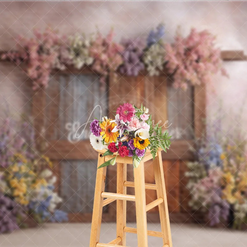 Aperturee - Aperturee Whimsical Spring Floral Door Photography Backdrop Rustic Wood Doors Fine Art Painterly Photo Background
