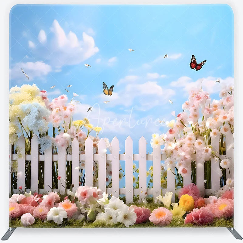 Aperturee - Aperturee Whimsical Spring Garden Square Double-Sided Backdrop with White Picket Fence Colorful Flowers and Butterflies