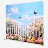 Aperturee - Aperturee Whimsical Spring Garden Square Double-Sided Backdrop with White Picket Fence Colorful Flowers and Butterflies