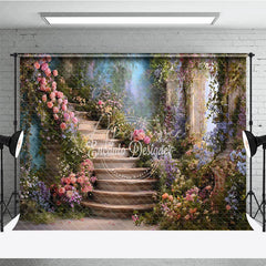 Aperturee - Aperturee Whimsical Stone Staircase Photography Backdrop with Pink Roses and Lush Purple Flowers Enchanting Garden Scene