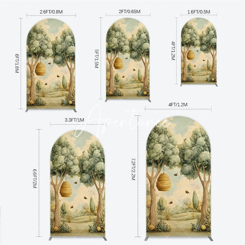 Aperturee - Aperturee Whimsical Watercolor Woodland Bee Round Top Arch Backdrop Green Yellow Nature Baby Shower Party Decor
