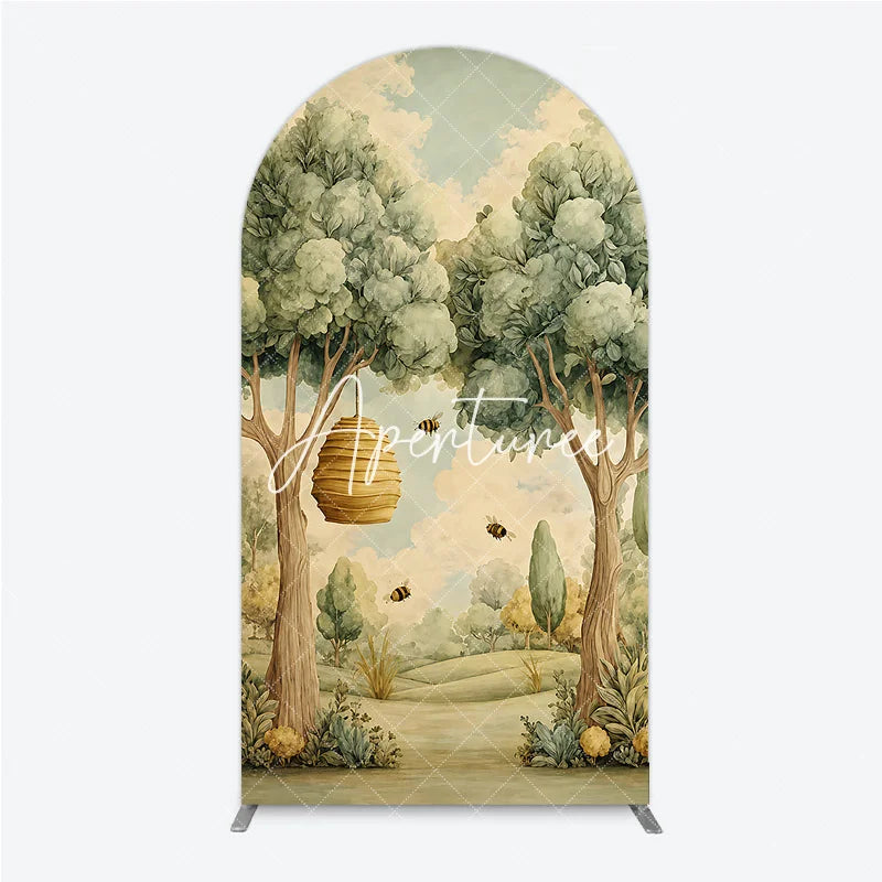 Aperturee - Aperturee Whimsical Watercolor Woodland Bee Round Top Arch Backdrop Green Yellow Nature Baby Shower Party Decor