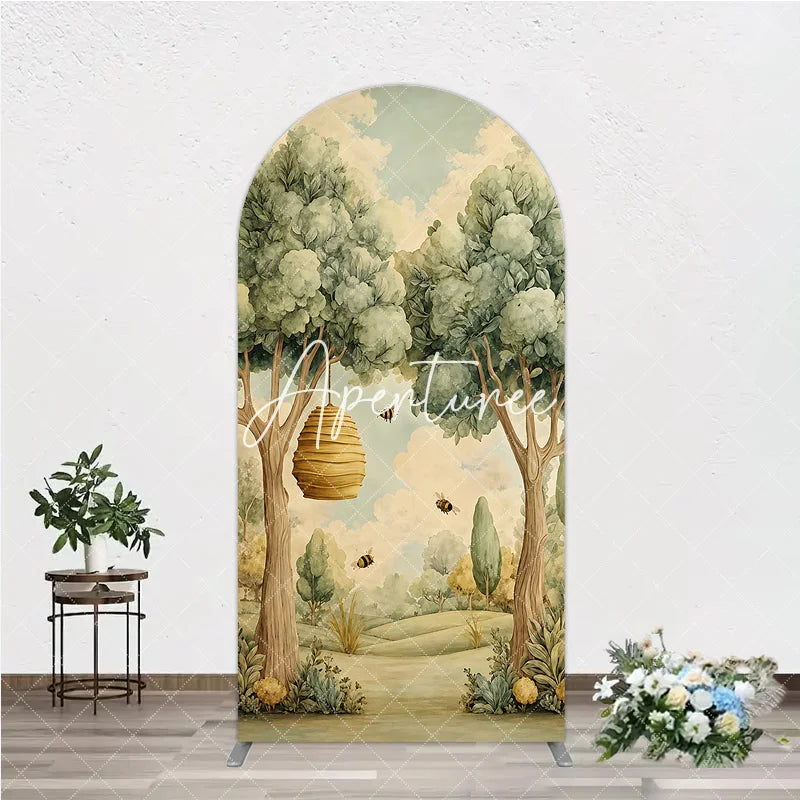 Aperturee - Aperturee Whimsical Watercolor Woodland Bee Round Top Arch Backdrop Green Yellow Nature Baby Shower Party Decor