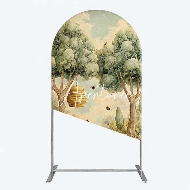 Aperturee - Aperturee Whimsical Watercolor Woodland Bee Round Top Arch Backdrop Green Yellow Nature Baby Shower Party Decor