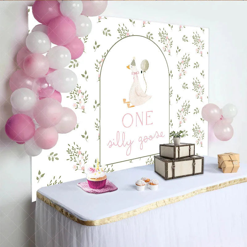 Aperturee - Aperturee Whimsical White Goose and Floral ONE Silly Goose 1st Birthday Backdrop Delicate Green Leaves and Pink Flowers Decor