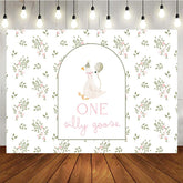 Aperturee - Aperturee Whimsical White Goose and Floral ONE Silly Goose 1st Birthday Backdrop Delicate Green Leaves and Pink Flowers Decor