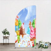 Aperturee - Aperturee Whimsical Winter Candy Land Half Moon Arch Backdrop with Cupcakes Gingerbread and Candy Canes for Holiday Party Decor