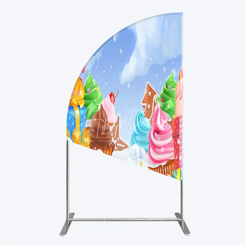 Aperturee - Aperturee Whimsical Winter Candy Land Half Moon Arch Backdrop with Cupcakes Gingerbread and Candy Canes for Holiday Party Decor