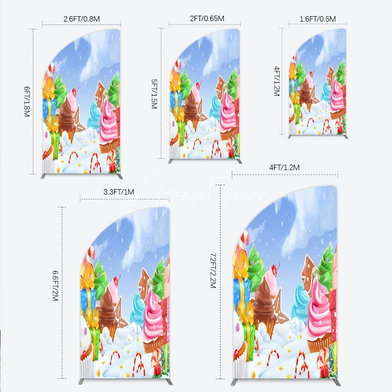 Aperturee - Aperturee Whimsical Winter Candy Land Half Moon Arch Backdrop with Cupcakes Gingerbread and Candy Canes for Holiday Party Decor