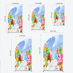 Aperturee - Aperturee Whimsical Winter Candy Land Half Moon Arch Backdrop with Cupcakes Gingerbread and Candy Canes for Holiday Party Decor