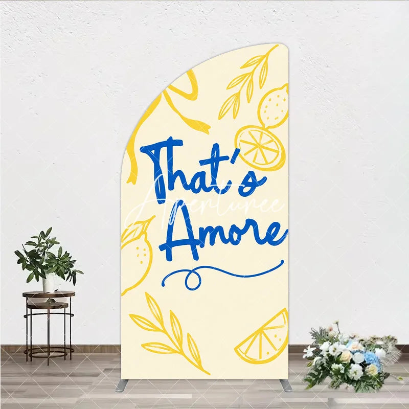 Aperturee - Aperturee Whimsical Yellow and Blue Lemons That’s Amore Half Moon Arch Backdrop Italian Theme Party Decor for Celebration.