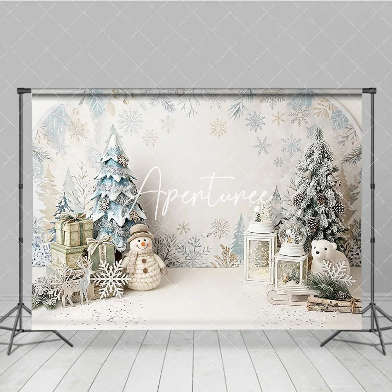 Aperturee - Aperturee White and Blue Winter Wonderland Christmas Photography Backdrop with Snowflakes Snowman and Festive Decor