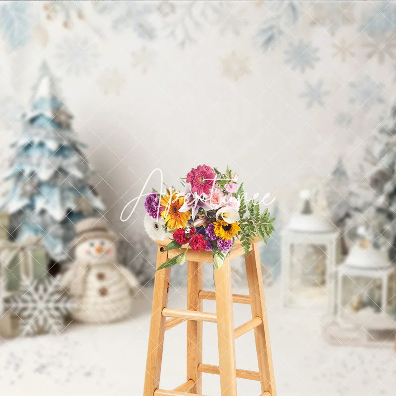 Aperturee - Aperturee White and Blue Winter Wonderland Christmas Photography Backdrop with Snowflakes Snowman and Festive Decor