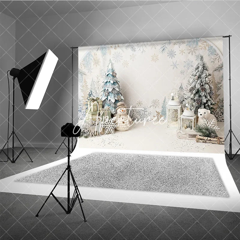Aperturee - Aperturee White and Blue Winter Wonderland Christmas Photography Backdrop with Snowflakes Snowman and Festive Decor