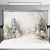 Aperturee - Aperturee White and Blue Winter Wonderland Christmas Photography Backdrop with Snowflakes Snowman and Festive Decor