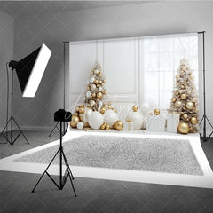 Aperturee - Aperturee White and Gold Christmas Photography Backdrop All White Room with Elegant Trees Modern Holiday Photo Background