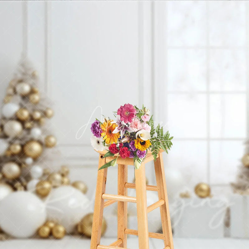 Aperturee - Aperturee White and Gold Christmas Photography Backdrop All White Room with Elegant Trees Modern Holiday Photo Background