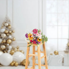 Aperturee - Aperturee White and Gold Christmas Photography Backdrop All White Room with Elegant Trees Modern Holiday Photo Background