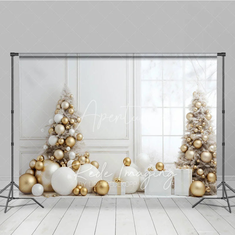 Aperturee - Aperturee White and Gold Christmas Photography Backdrop All White Room with Elegant Trees Modern Holiday Photo Background
