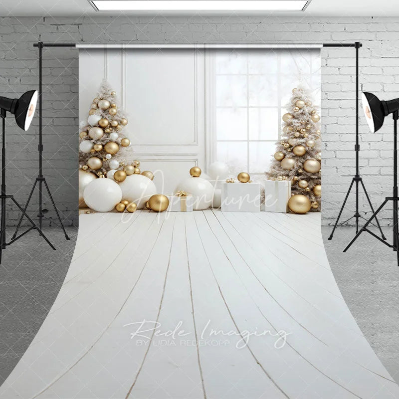 Aperturee - Aperturee White and Gold Christmas Room Sweep Backdrop All White Elegant Trees Modern Holiday Photo Studio Floor Drop