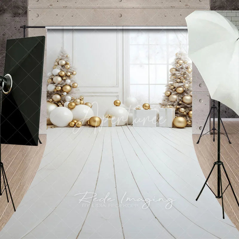 Aperturee - Aperturee White and Gold Christmas Room Sweep Backdrop All White Elegant Trees Modern Holiday Photo Studio Floor Drop